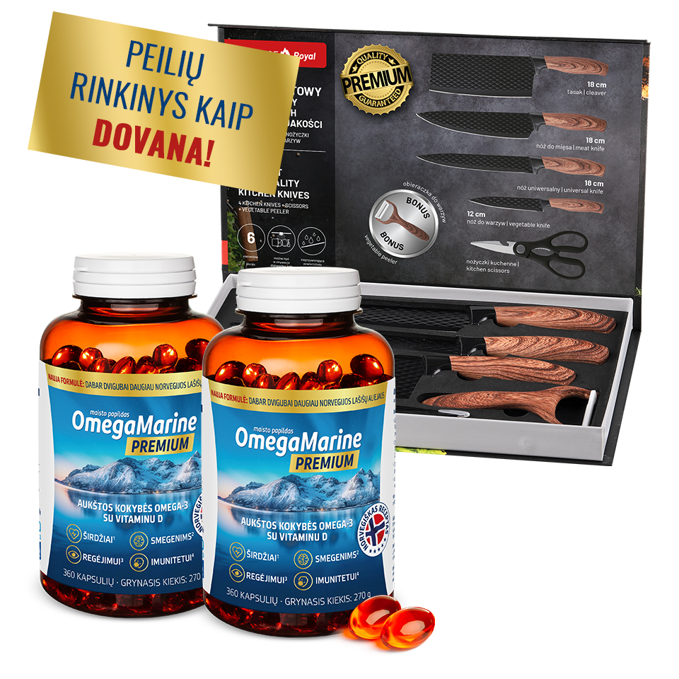 Natural Pharmaceuticals OmegaMarine Premium Du buteliukai OmegaMarine Premium maisto papildų su Omega-3 ir vitaminu D bei rožinio aukso laikrodis su deimantu kaip dovana.
